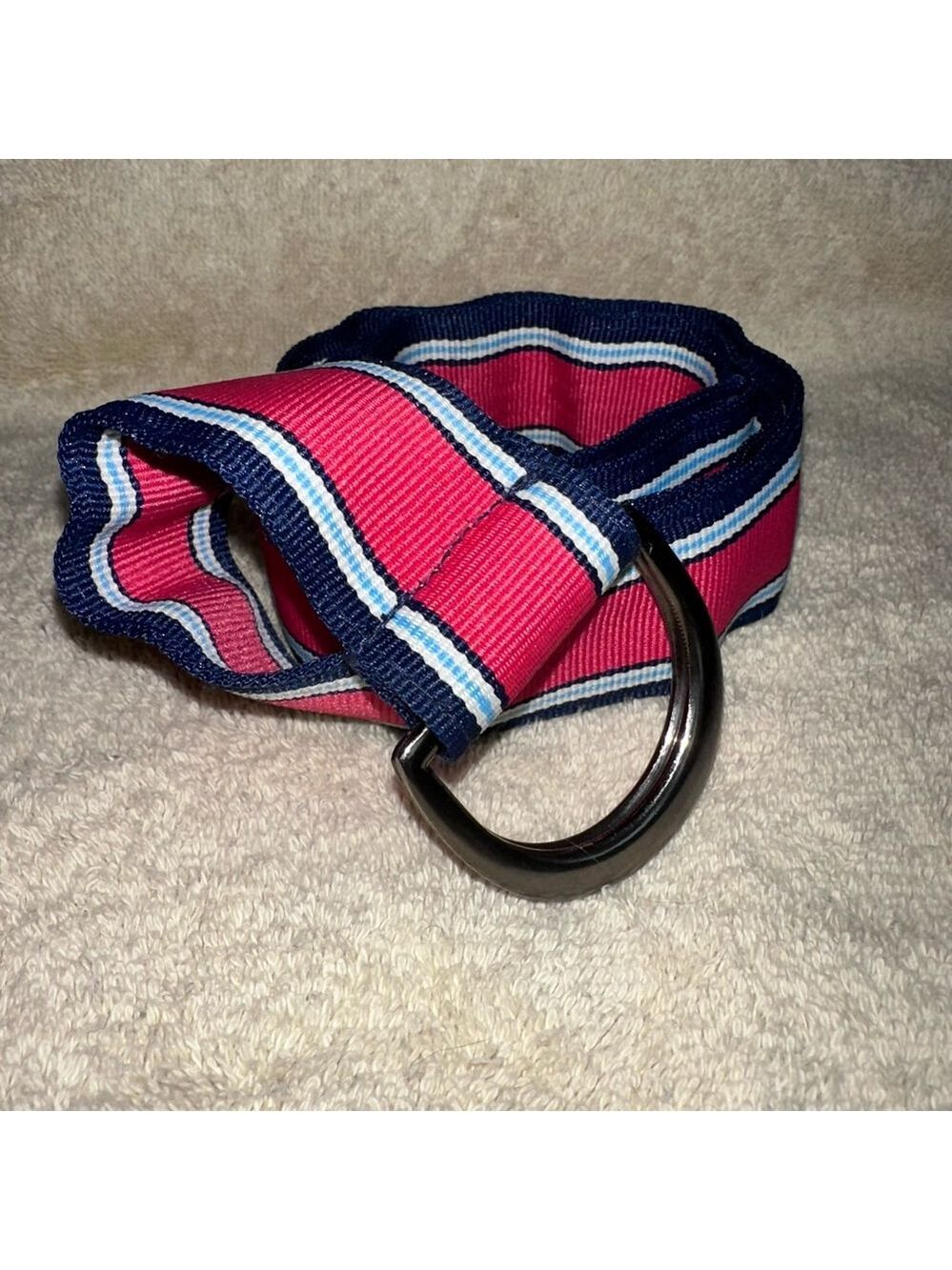 NWOT Women’s Size Small LL Bean Double Buckle Pink/Blue Stripe 100% Poly Belt